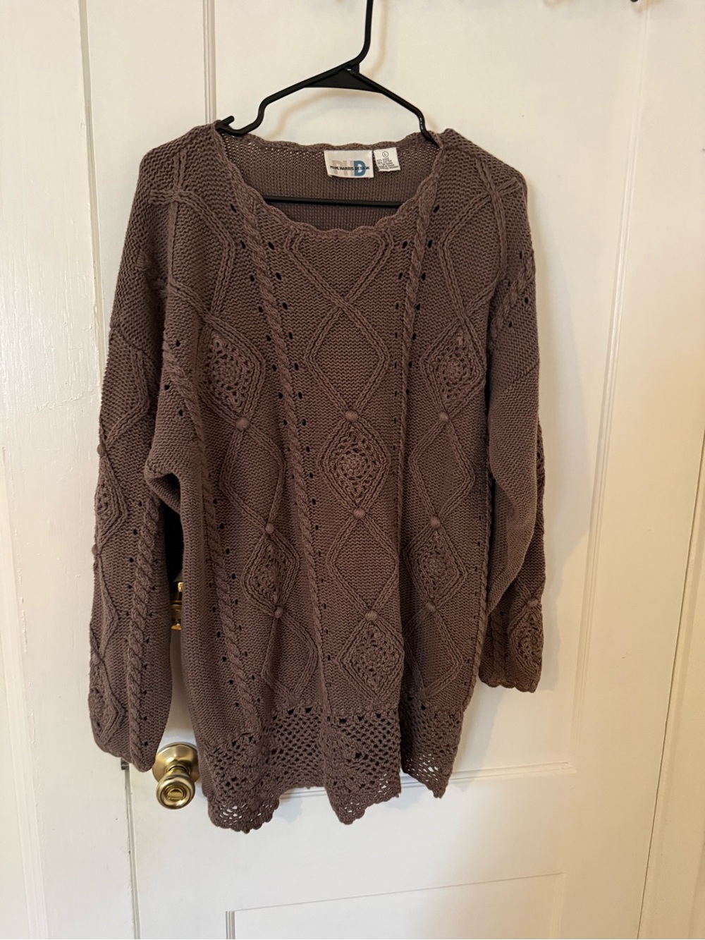 Crochet-Detail Scoop Neck Sweater in Brown
